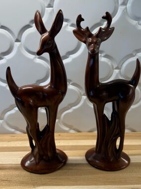 VTG Mid Century Modern Ceramic Deer Gazelle Figurine Pair MCM Red Brown Ceramic